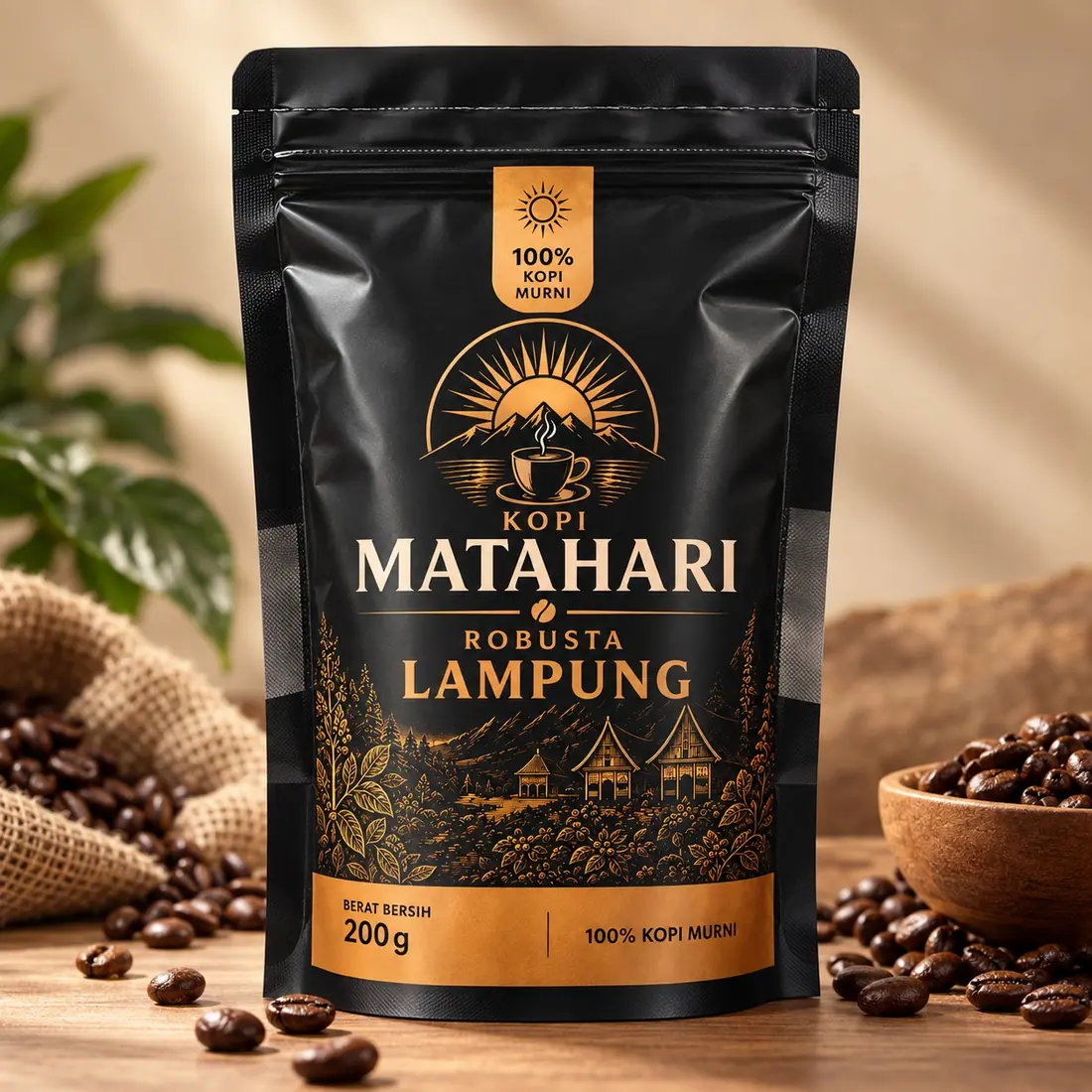 Kemasan Kopi Matahari Robusta Lampung 200 gram, hitam dan emas