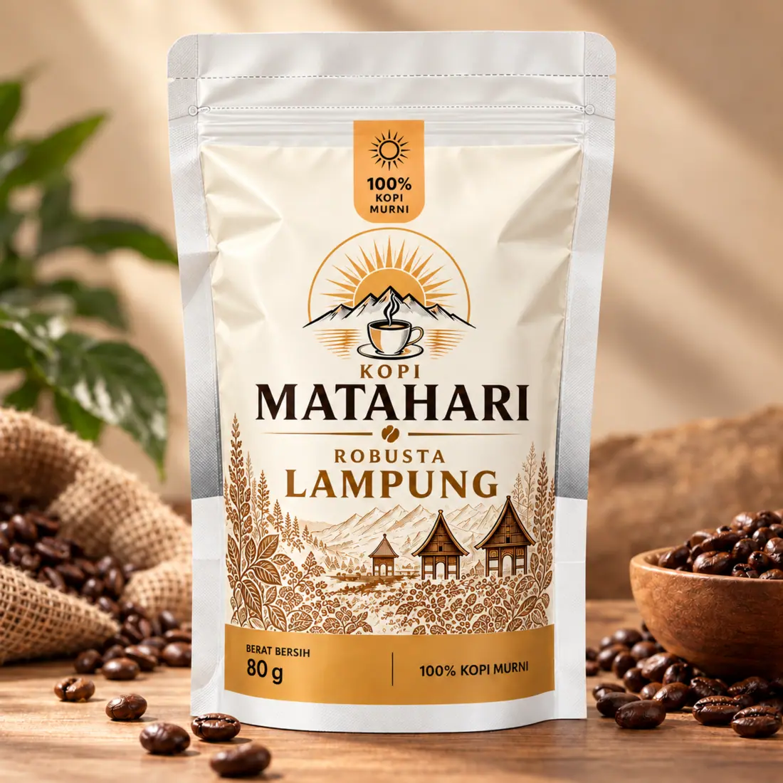 Kemasan Kopi Matahari Robusta Lampung 80 gram, putih dan emas
